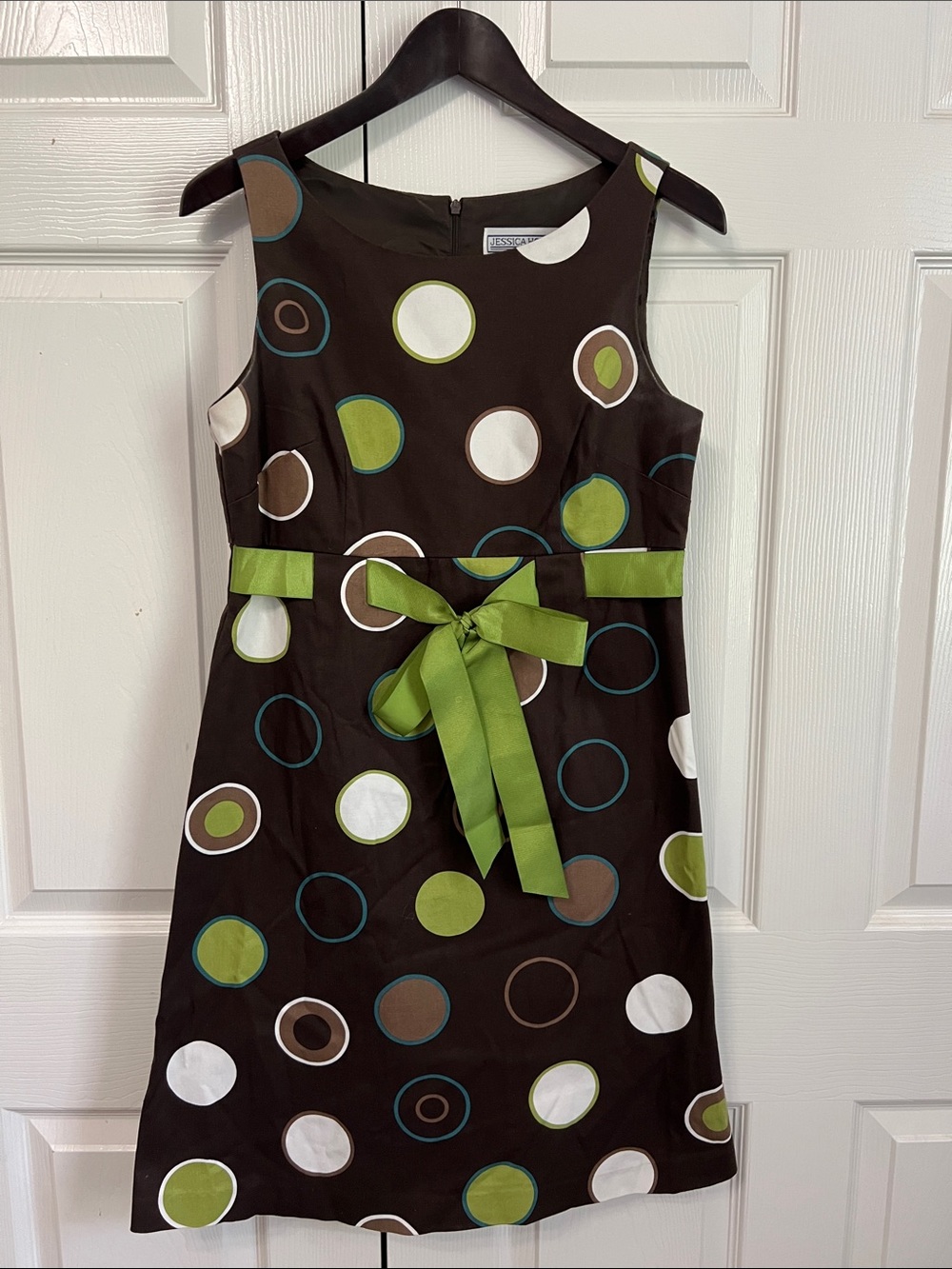 Jessica Howard Brown Polka Dot Sheath Dress with Green Sash